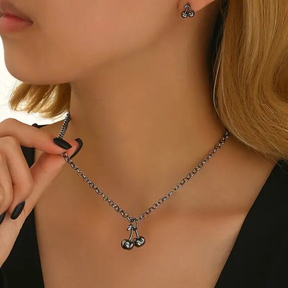 NEW 3 pc Vintage Black Cherry Necklace & Stud Earrings Set, y2k Cherry Bomb - Picture 2 of 4